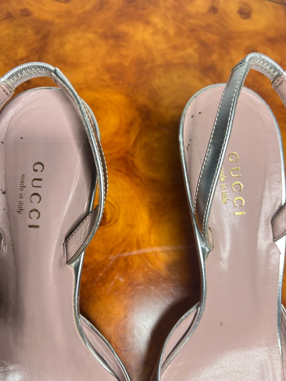 Metallic Silver Pointed Toe Slingback Flats with Gold Studs - Picture 4 of 7